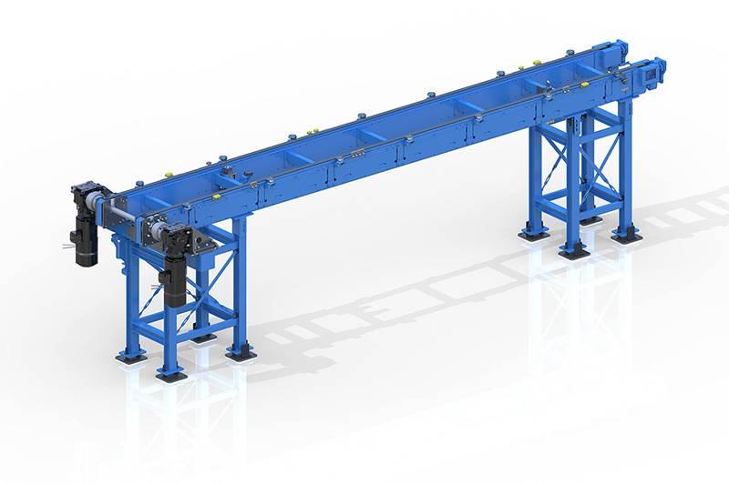 The overhead chain conveyor enables conveying of the pallet or carrier with ergonomic access to the conveyed material from below.&nbsp;